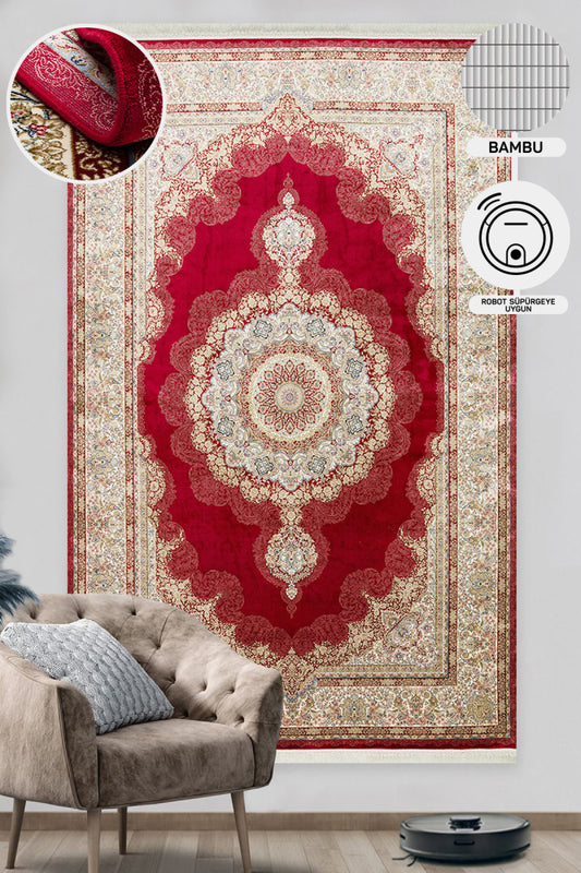 Classic Patterned High Quality Closely Woven Bamboo Silk Patterned Sparkling Red Living Room Carpet