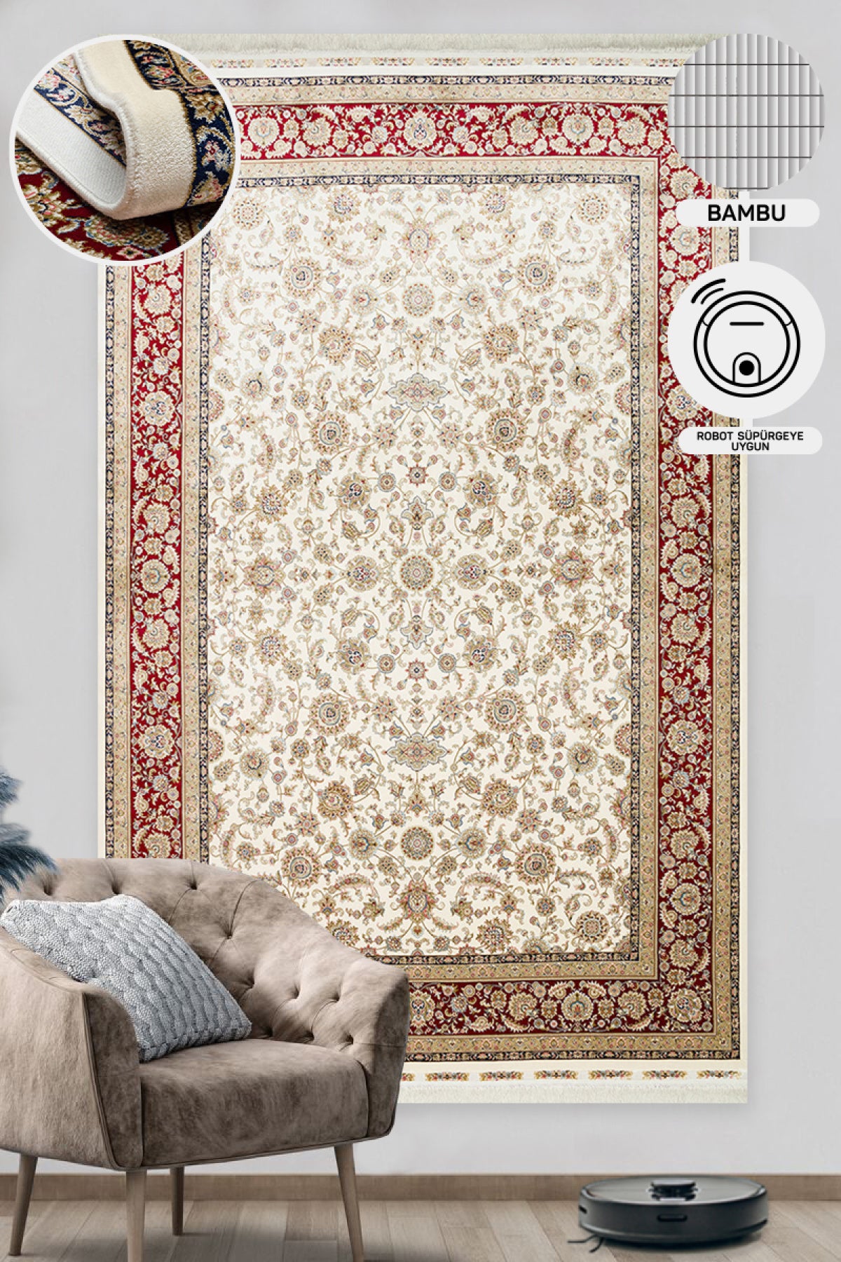 Classic Patterned High Quality Closely Woven Bamboo Silk Patterned Shiny Cream Red Living Room Carpet