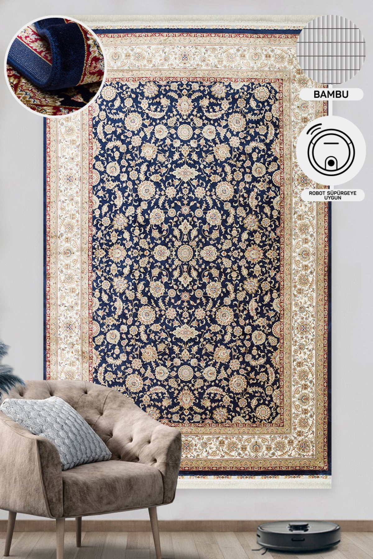 Classic Patterned High Quality Closely Woven Bamboo Silk Patterned Shiny Cream Living Room Carpet