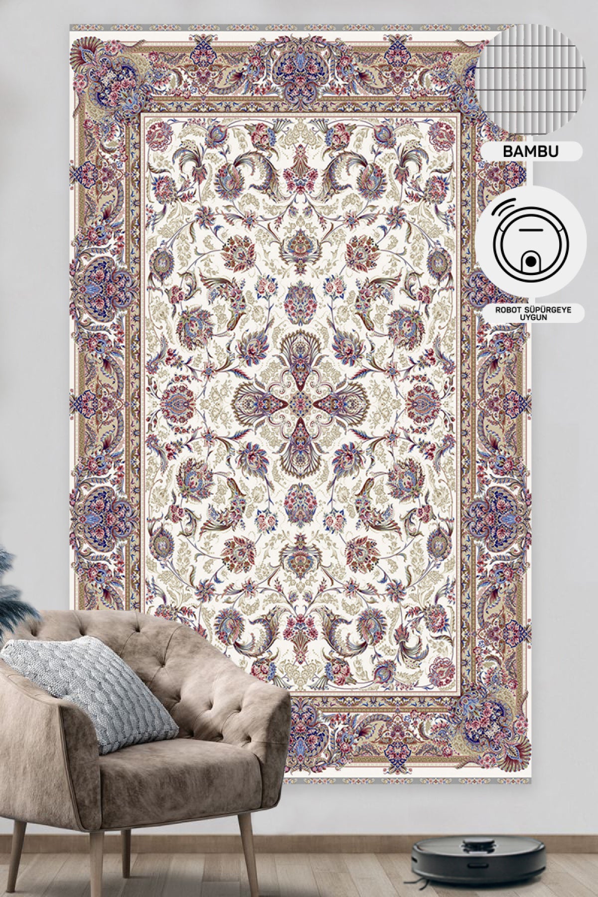 Classic Patterned High Quality Closely Woven Bamboo Silk Patterned Shiny Cream Living Room Carpet