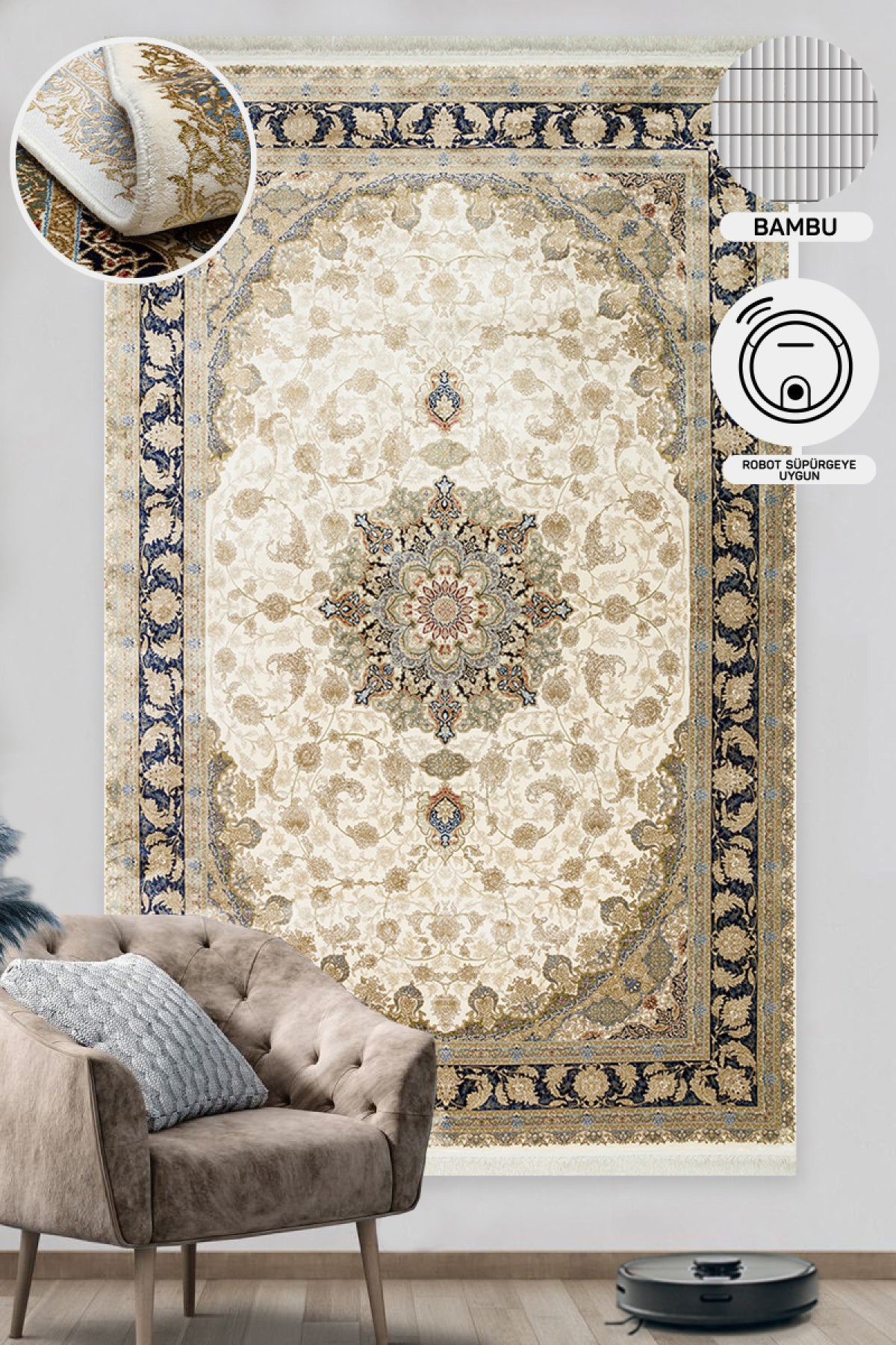 Classic Patterned High Quality Closely Woven Bamboo Silk Patterned Shiny Cream Living Room Carpet