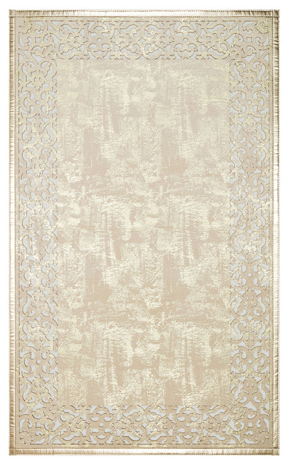 Cream Gold Faux Leather Carpet with Shiny Borders with Classic and Modern Embroidery and Carving