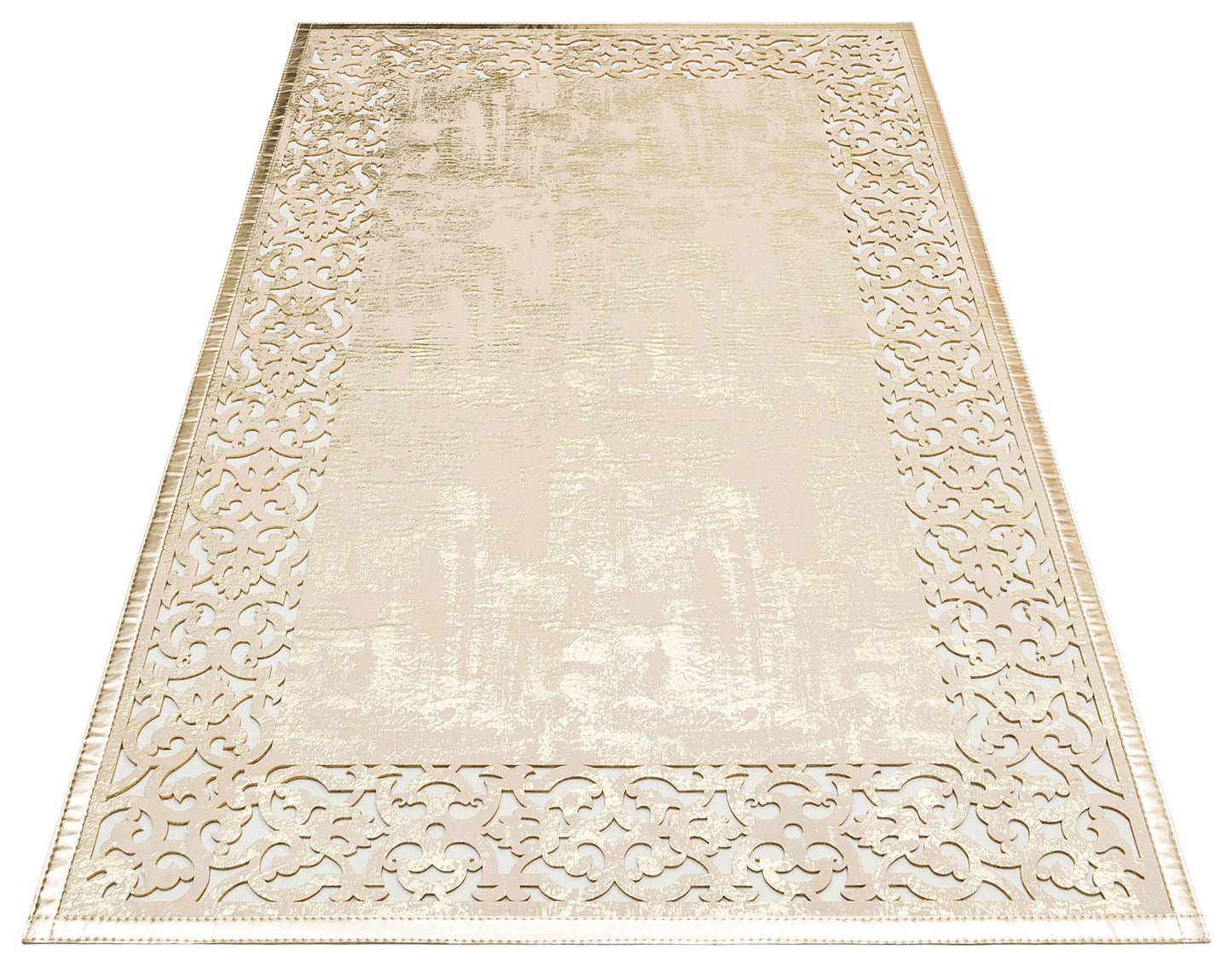 Cream Gold Faux Leather Carpet with Shiny Borders with Classic and Modern Embroidery and Carving