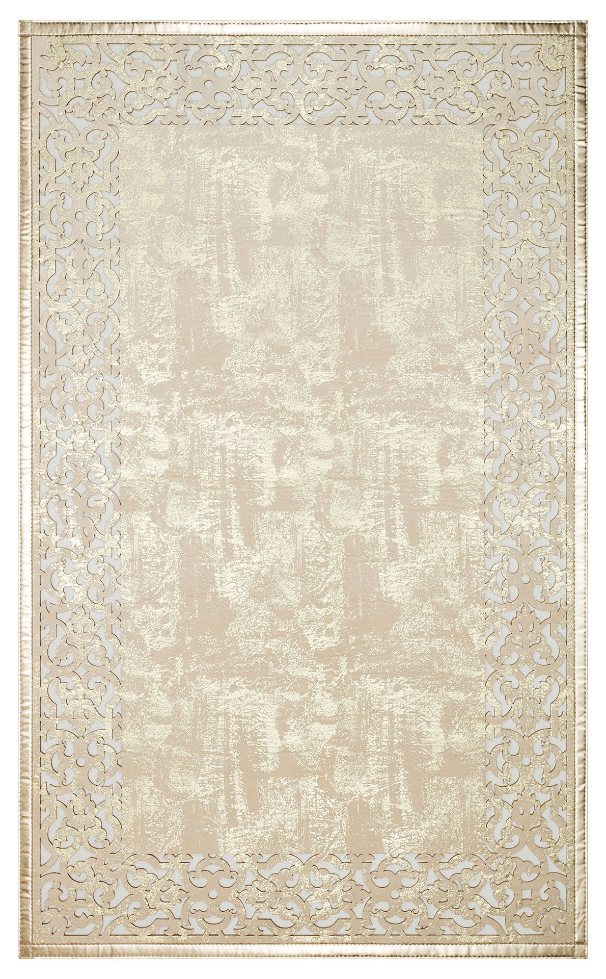 Cream Gold Faux Round Leather Carpet with Shiny Borders with Classic and Modern Embroidery and Carving