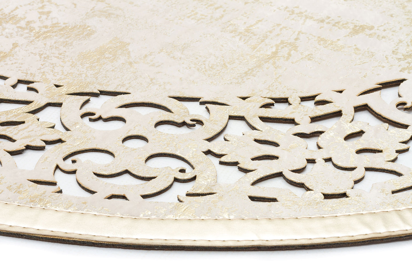 Cream Gold Faux Round Leather Carpet with Shiny Borders with Classic and Modern Embroidery and Carving