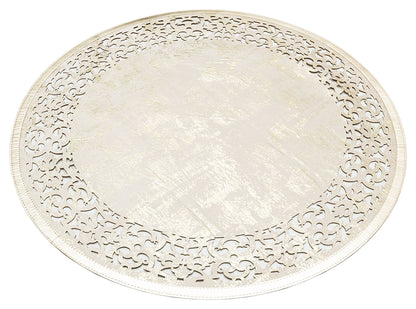 Cream Gold Faux Round Leather Carpet with Shiny Borders with Classic and Modern Embroidery and Carving