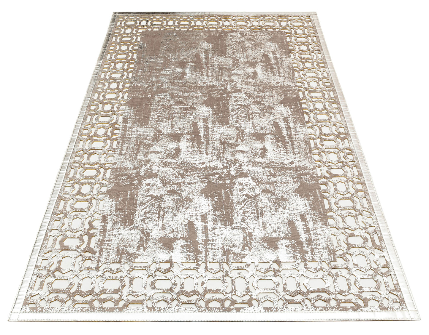 Gray Silver Color Faux Leather Carpet with Shiny Borders with Classic and Modern Embroidery and Carving