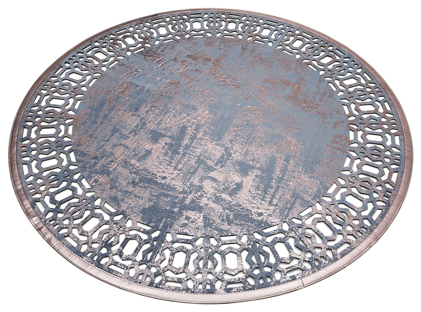 Shiny Bordered Marine Bronze Round Faux Leather Carpet with Classic and Modern Embroidery and Carving