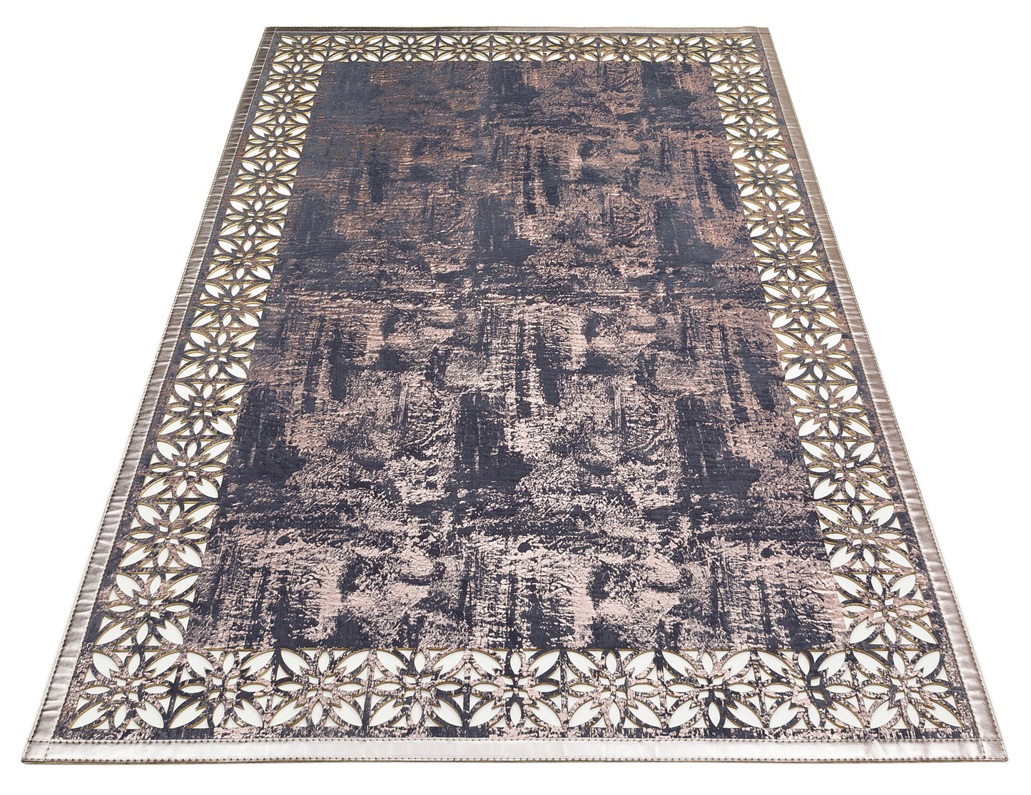 Shiny Bordered Marine Bronze Color Faux Leather Carpet with Classic and Modern Embroidery and Carving