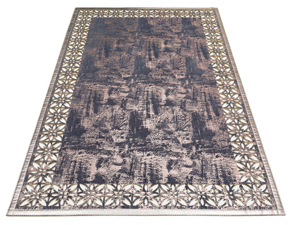 Shiny Bordered Marine Bronze Color Faux Leather Carpet with Classic and Modern Embroidery and Carving