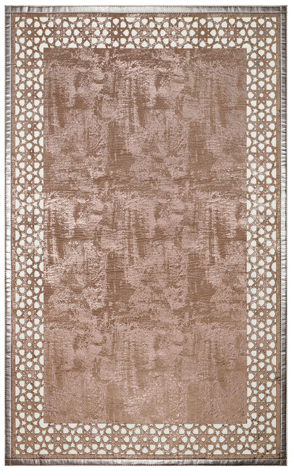 Shiny Bordered Mink Bronze Faux Leather Carpet with Classic and Modern Embroidery and Carving