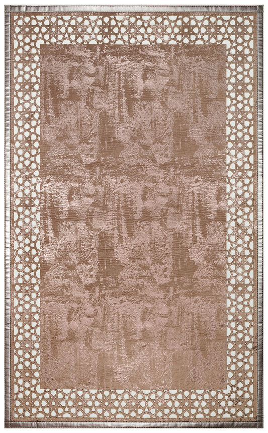 Shiny Bordered Mink Bronze Faux Leather Carpet with Classic and Modern Embroidery and Carving