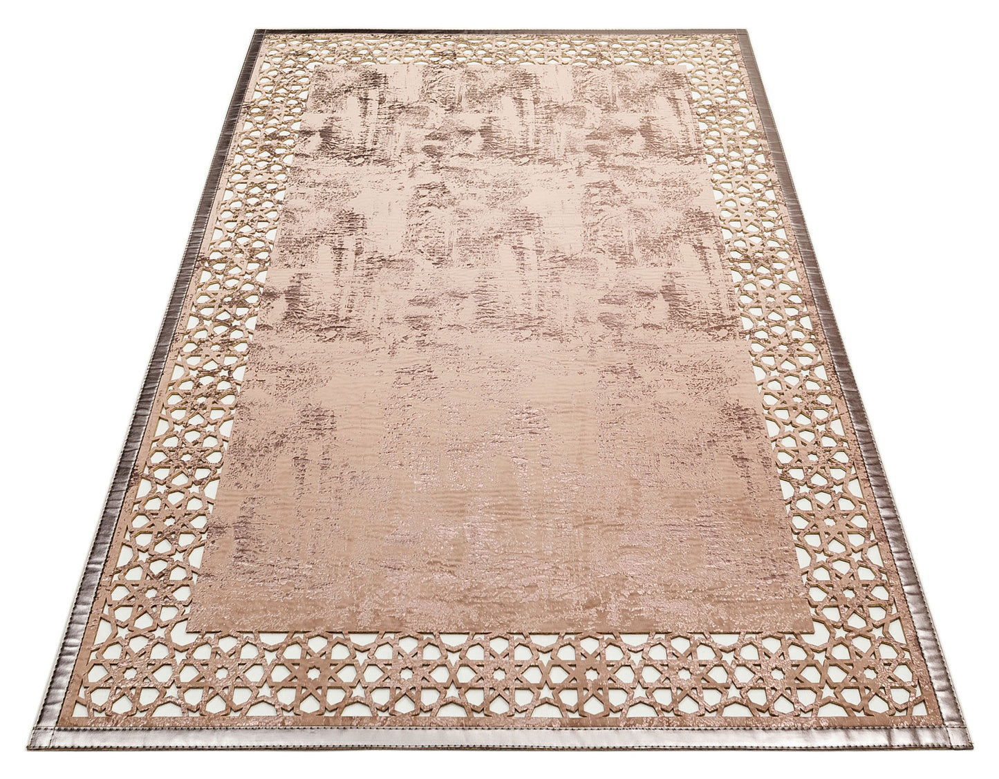 Shiny Bordered Mink Bronze Faux Leather Carpet with Classic and Modern Embroidery and Carving