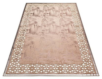 Shiny Bordered Mink Bronze Faux Leather Carpet with Classic and Modern Embroidery and Carving