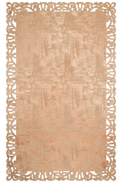 Beige Faux Leather Carpet with Classic and Modern Embroidery and Carving with Shiny Borders for Living Room Kitchen Hallway