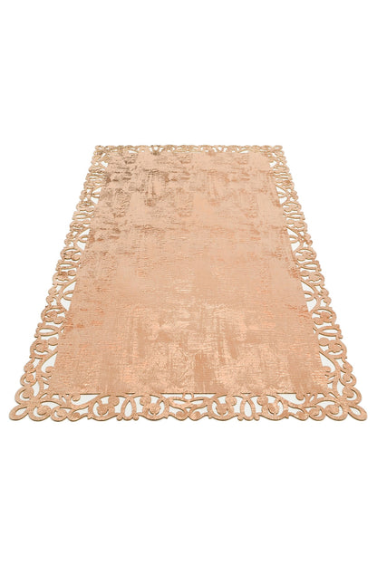 Beige Faux Leather Carpet with Classic and Modern Embroidery and Carving with Shiny Borders for Living Room Kitchen Hallway