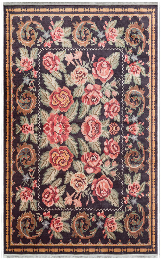 Washable, Easy-to-use, Non-Slip, Nostalgic Black Machine Made Carpet with Karabakh Antique Patterns