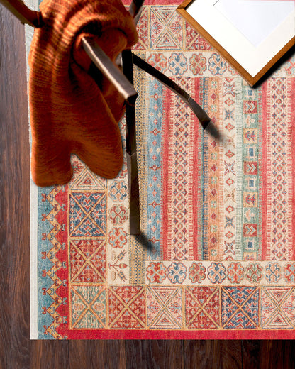 Washable, Easy-to-use, Non-Slip Nostalgic Red Machine Made Carpet with Karabakh Antique Patterns