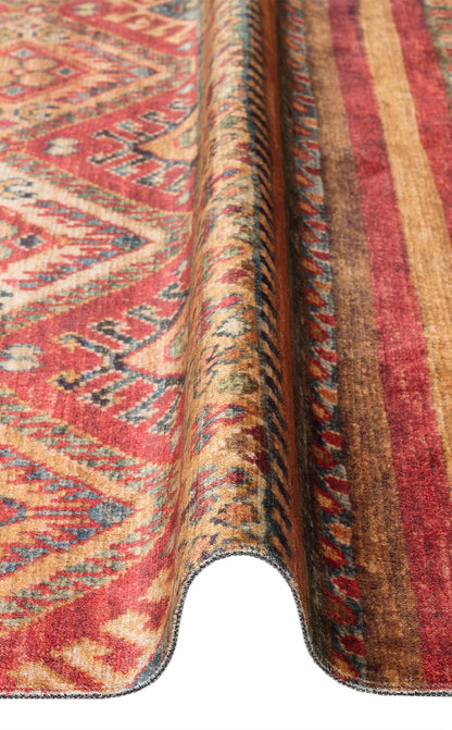 Washable, Easy-to-use, Non-Slip Nostalgic Red Machine Made Carpet with Karabakh Antique Patterns