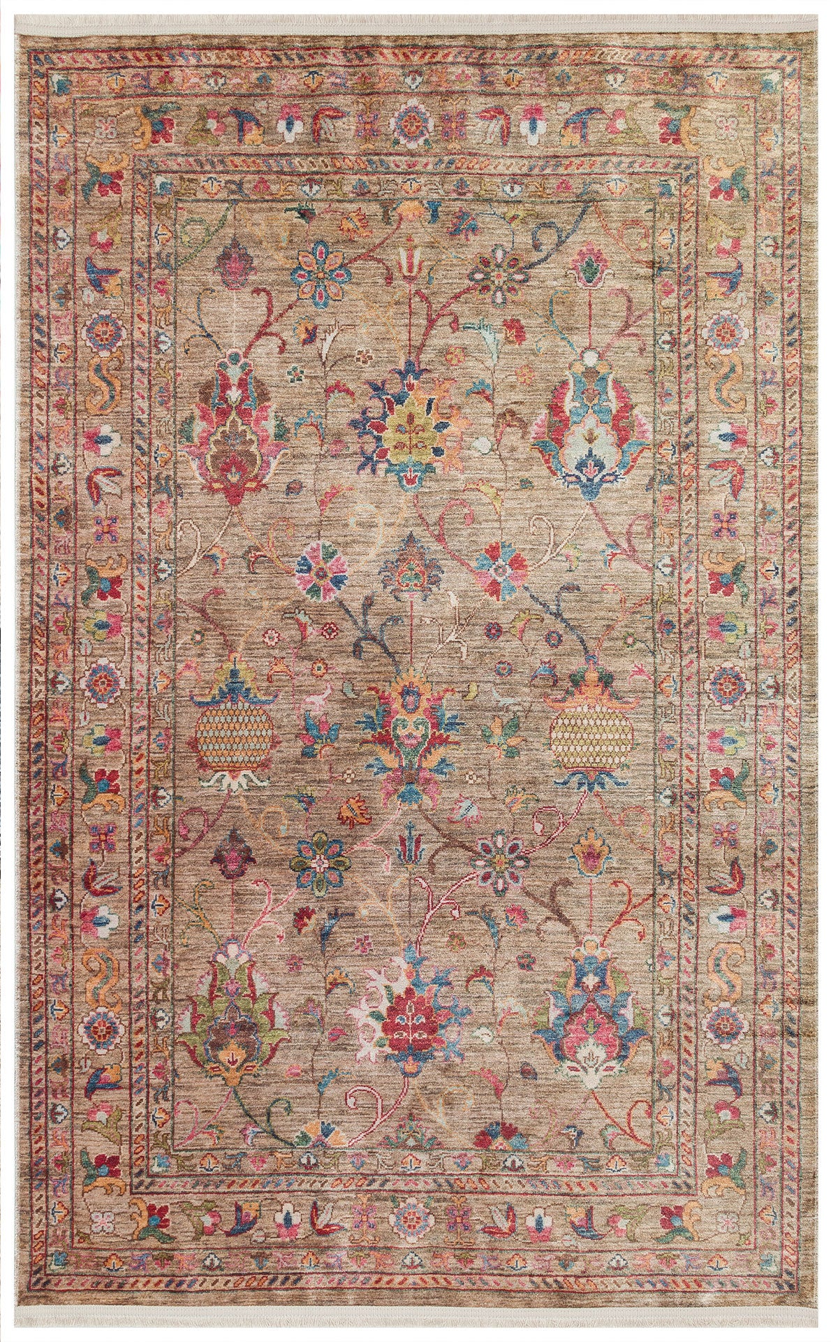 Karabakh Antique Patterned Washable, Easy-to-Use Non-Slip Nostalgic Beige Machine Made Carpet