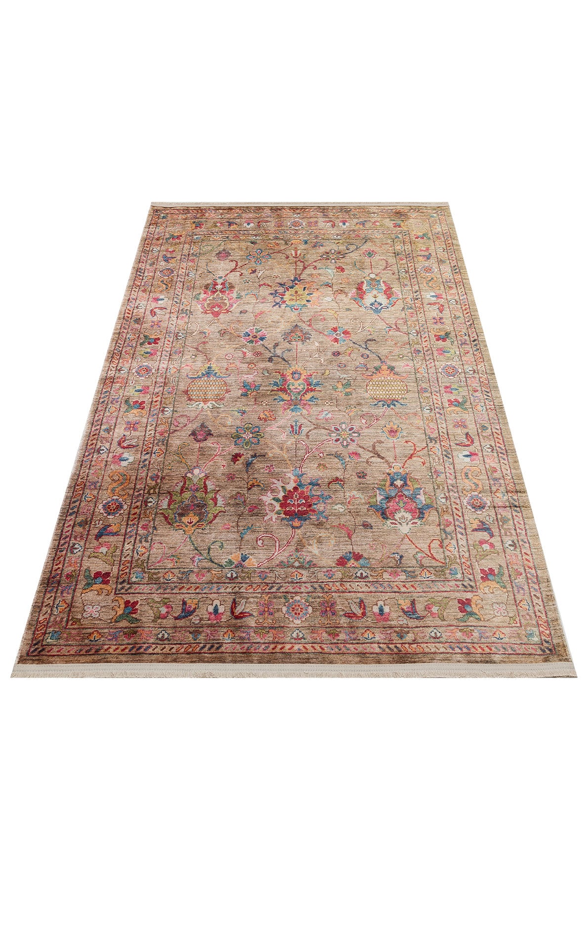 Karabakh Antique Patterned Washable, Easy-to-Use Non-Slip Nostalgic Beige Machine Made Carpet