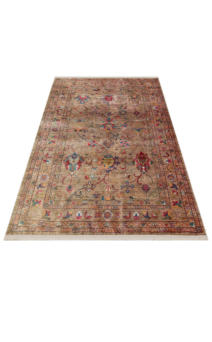 Karabakh Antique Patterned Washable, Easy-to-Use Non-Slip Nostalgic Beige Machine Made Carpet