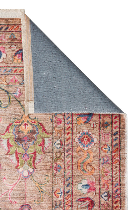 Karabakh Antique Patterned Washable, Easy-to-Use Non-Slip Nostalgic Beige Machine Made Carpet