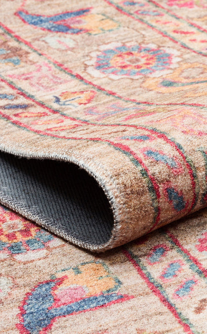 Karabakh Antique Patterned Washable, Easy-to-Use Non-Slip Nostalgic Beige Machine Made Carpet