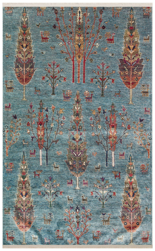 Washable, Easy-to-use, Non-Slip, Nostalgic Blue Machine Made Carpet with Karabakh Antique Patterns