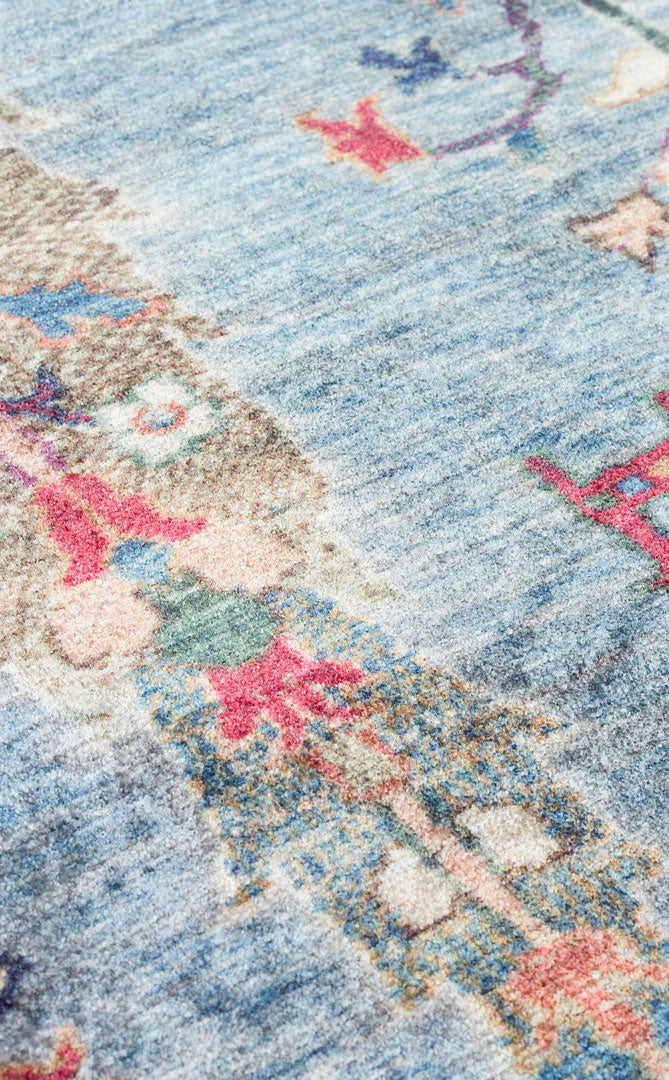 Washable, Easy-to-use, Non-Slip, Nostalgic Blue Machine Made Carpet with Karabakh Antique Patterns