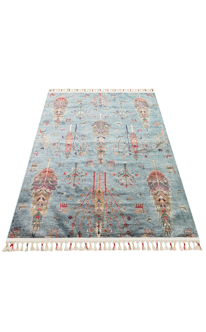 Washable, Easy-to-use, Non-Slip, Nostalgic Blue Machine Made Carpet with Karabakh Antique Patterns