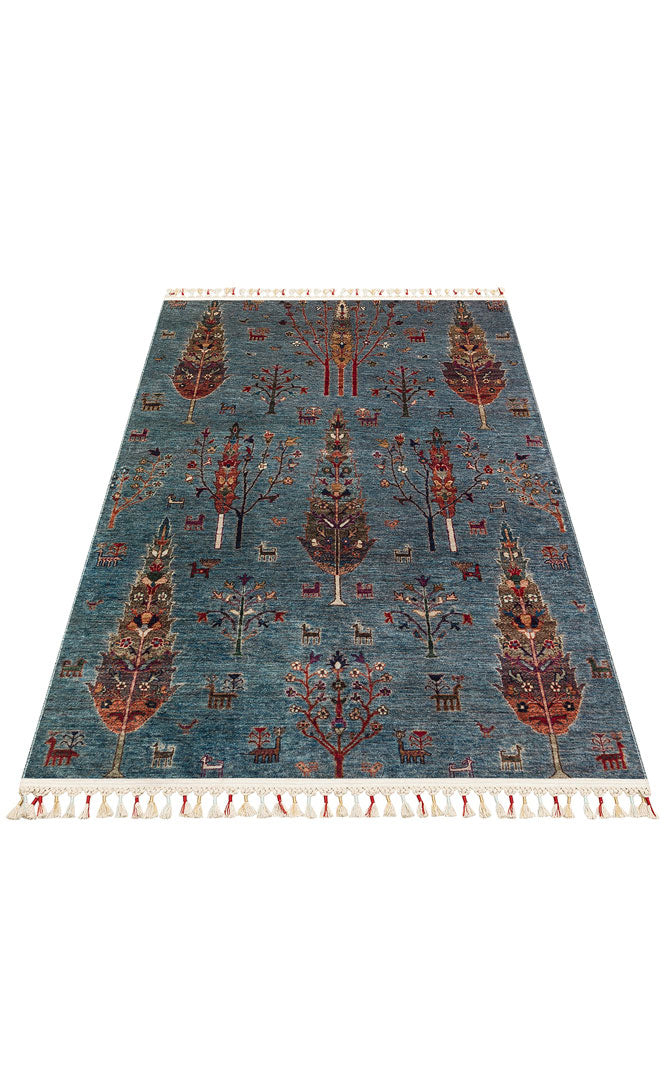 Washable, Easy-to-use, Non-Slip, Nostalgic Blue Machine Made Carpet with Karabakh Antique Patterns