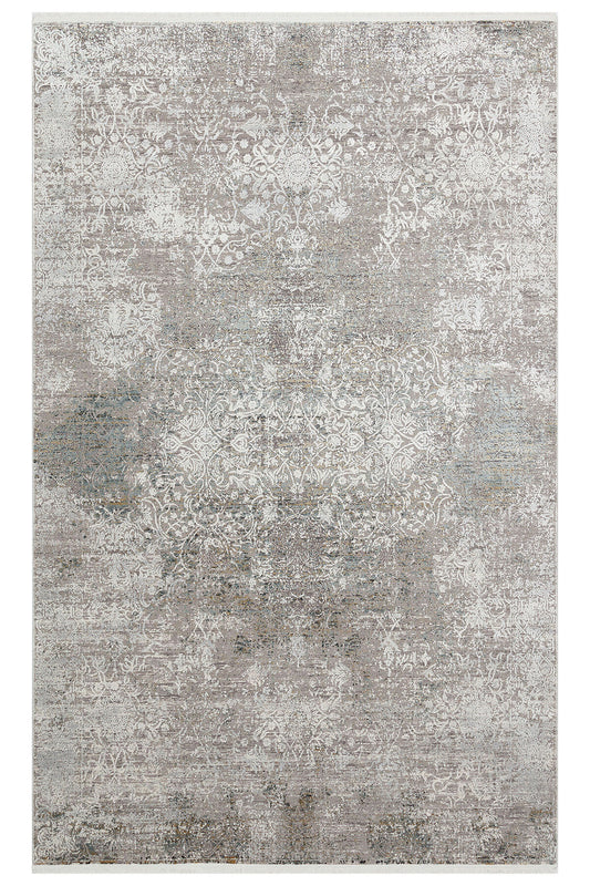 Lidya Etknik Desen Eskitme Krem Gri Rengi Bambu Viskon Akrilik Sık Dokuma Modern Salon Halısı