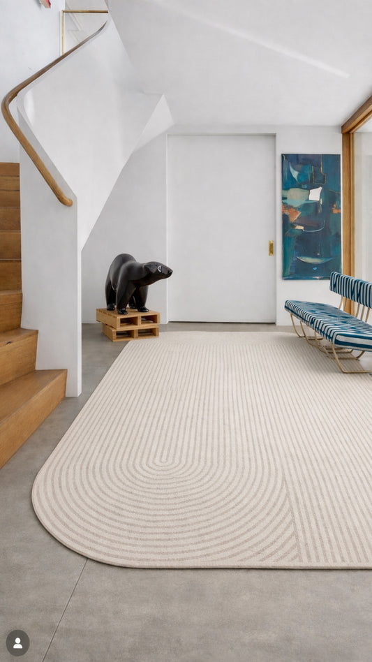 Riviera Modern Asimetrik Çizgili Krem Gri Dokulu Salon Halısı Viskon Polyester Şık Salon Halısı