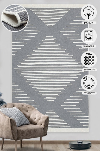 Modern Patterned Woven Washable Double Sided Cotton Gray Rug Living Room Kitchen Hallway