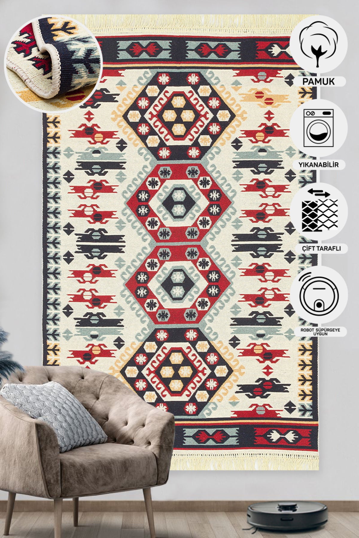 Modern Desenli Dokuma Yıkanabilir Çift Taraflı Pamuk Kırmızı Kilim