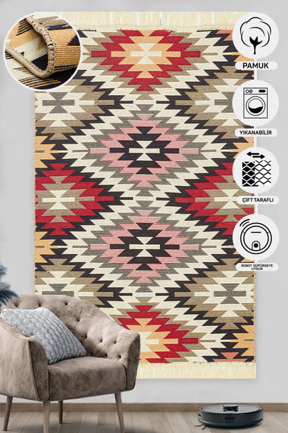 Modern Patterned Woven Washable Double Sided Cotton Red Rug