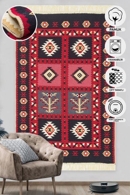 Modern Patterned Woven Washable Double Sided Cotton Red Rug