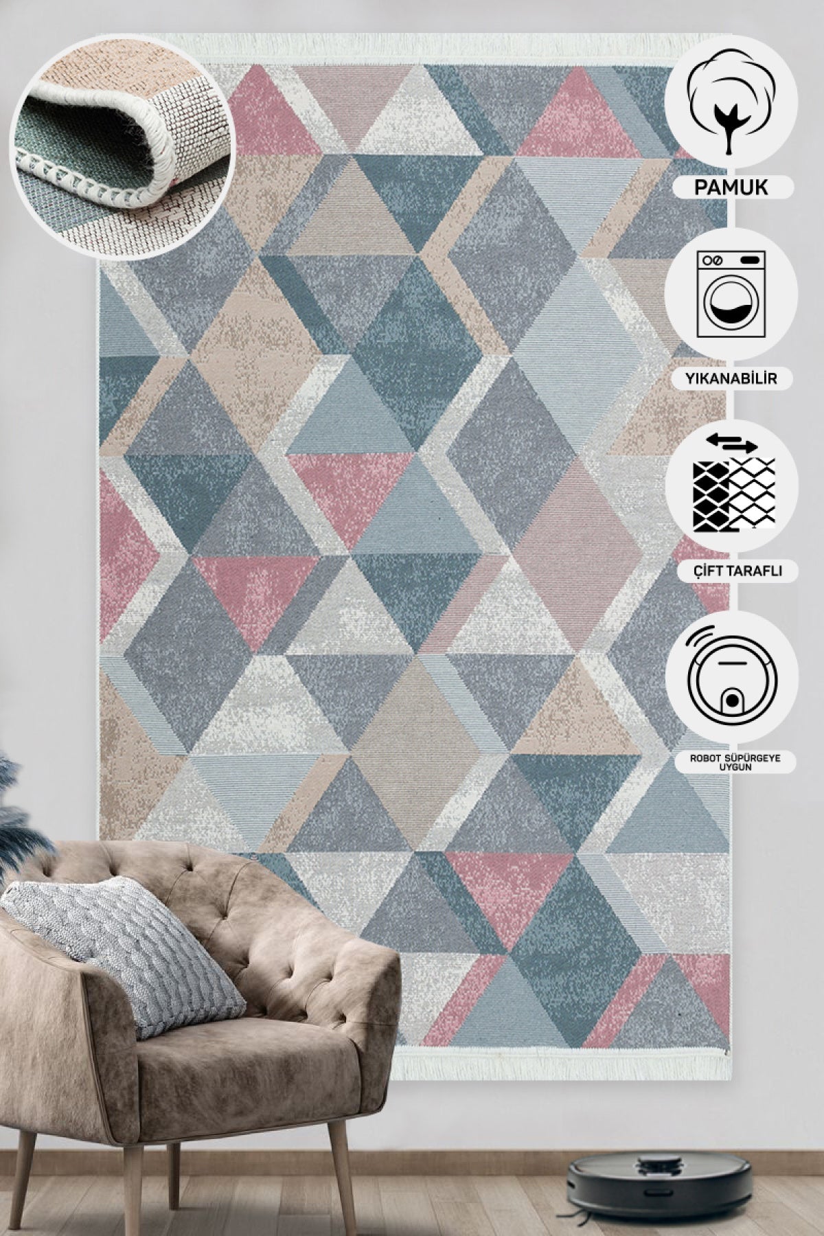 Modern Patterned Woven Washable Double Sided Cotton Blue Pink Rug Living Room Kitchen Hallway