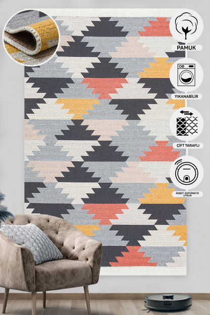 Modern Patterned Woven Washable Double Sided Cotton Colored Rug