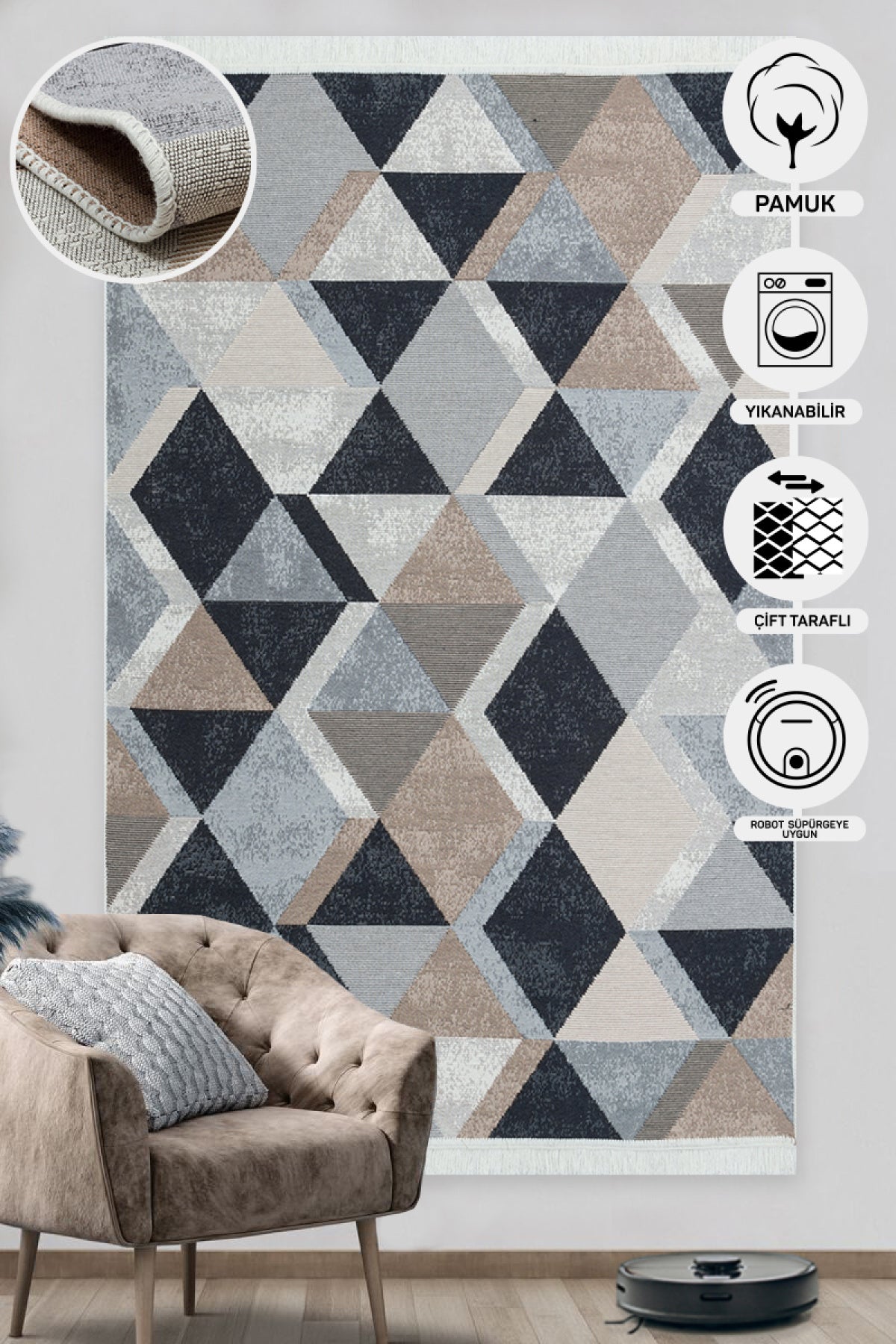 Modern Patterned Woven Washable Double Sided Cotton Black Beige Rug Living Room Kitchen Hallway