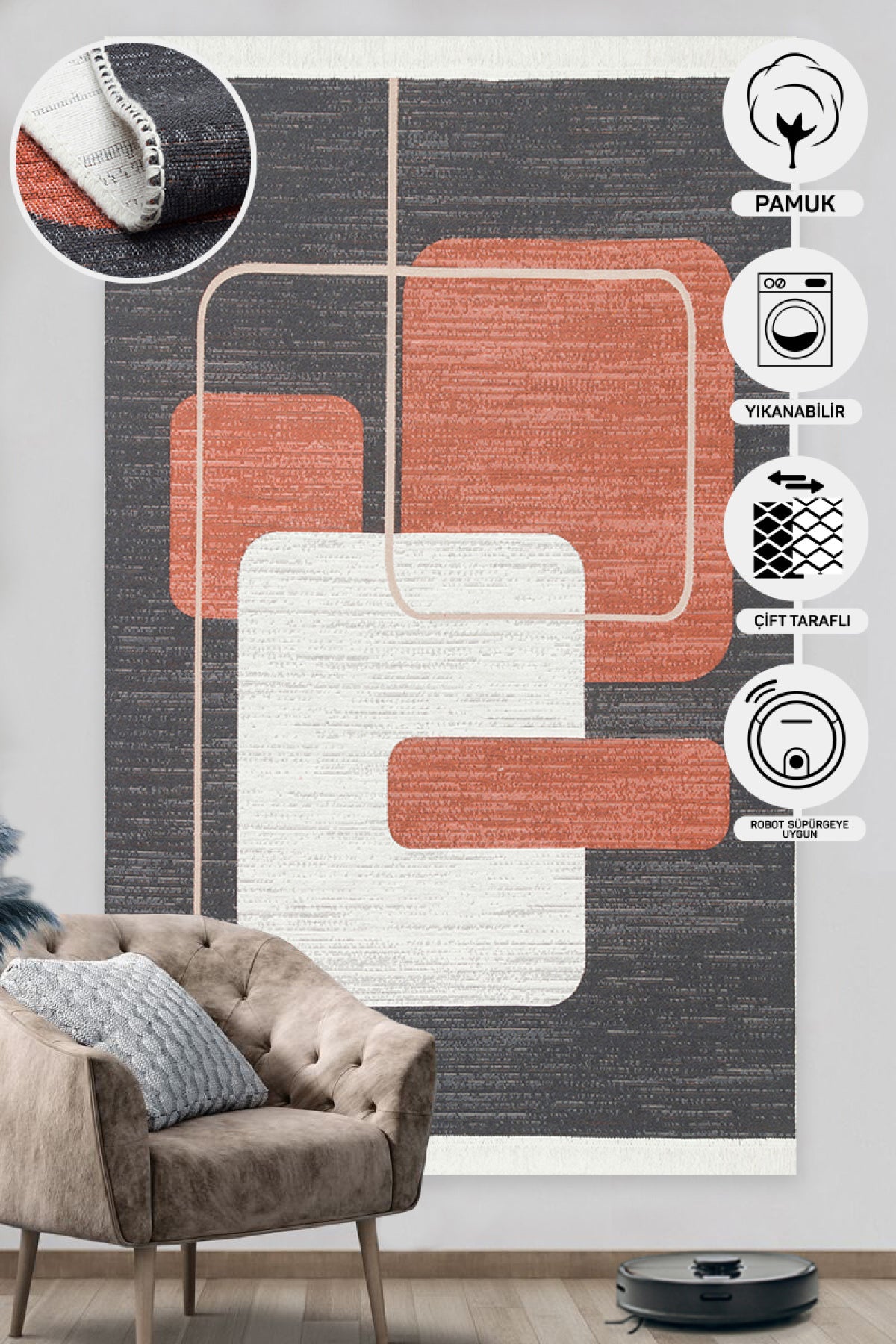 Modern Patterned Woven Washable Double Sided Cotton Black Orange Rug