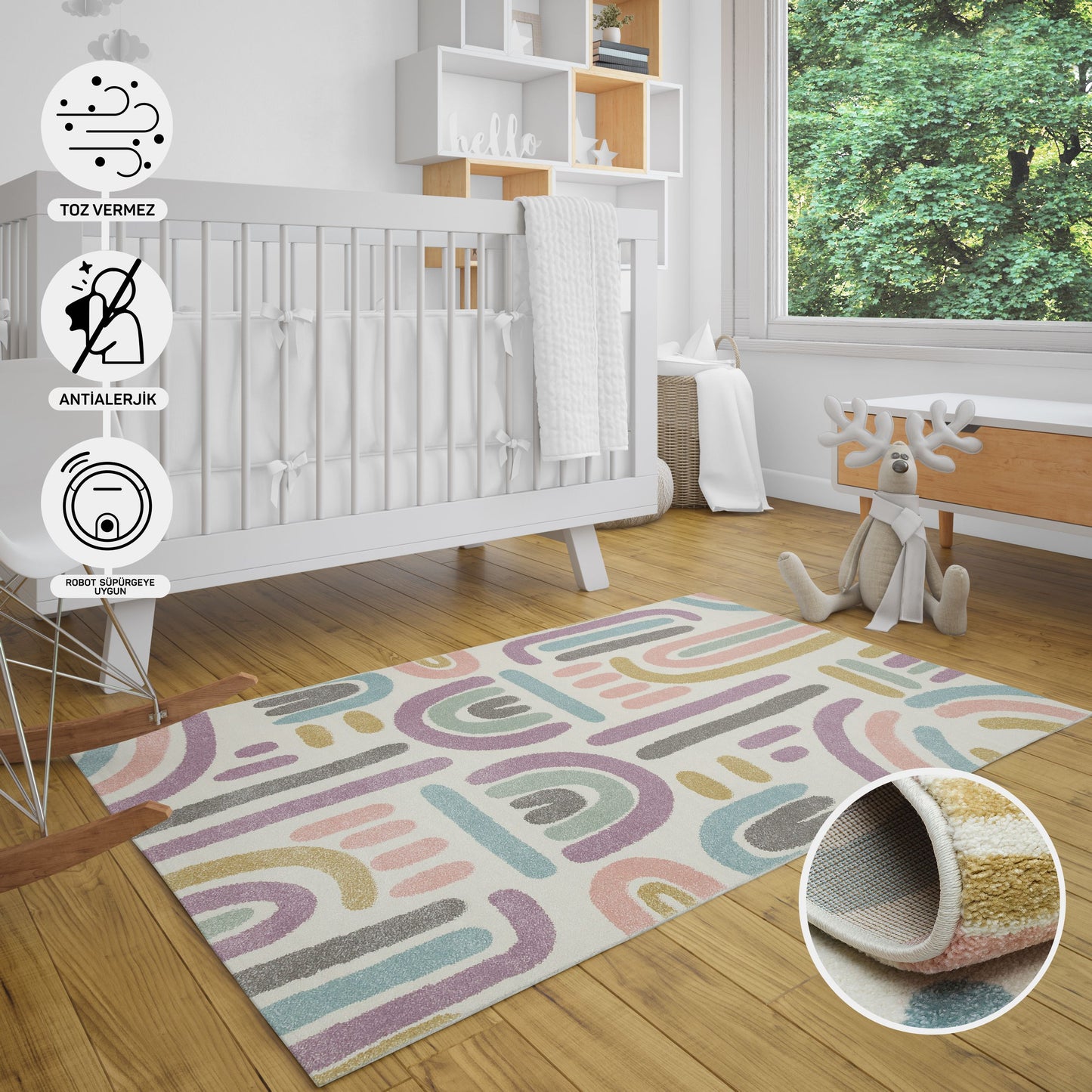 Natural Antiallergic Colored Baby Room Carpet Children's Room Carpet Washable with Non-Slip Base