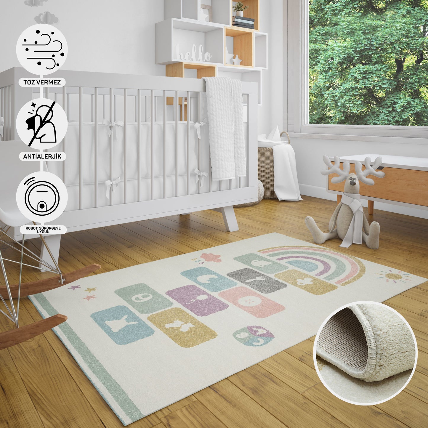 Natural Antiallergic Colored Baby Room Carpet Children's Room Carpet Washable with Non-Slip Base