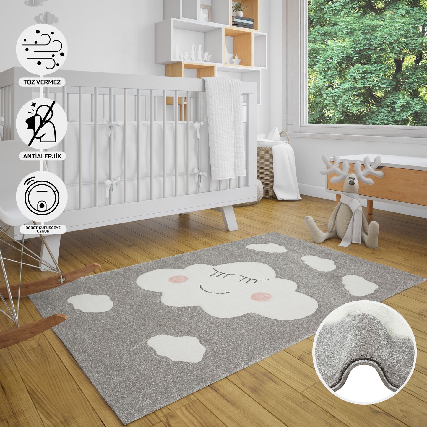 Natural Antiallergic Colored Baby Room Carpet Children's Room Carpet Washable with Non-Slip Base