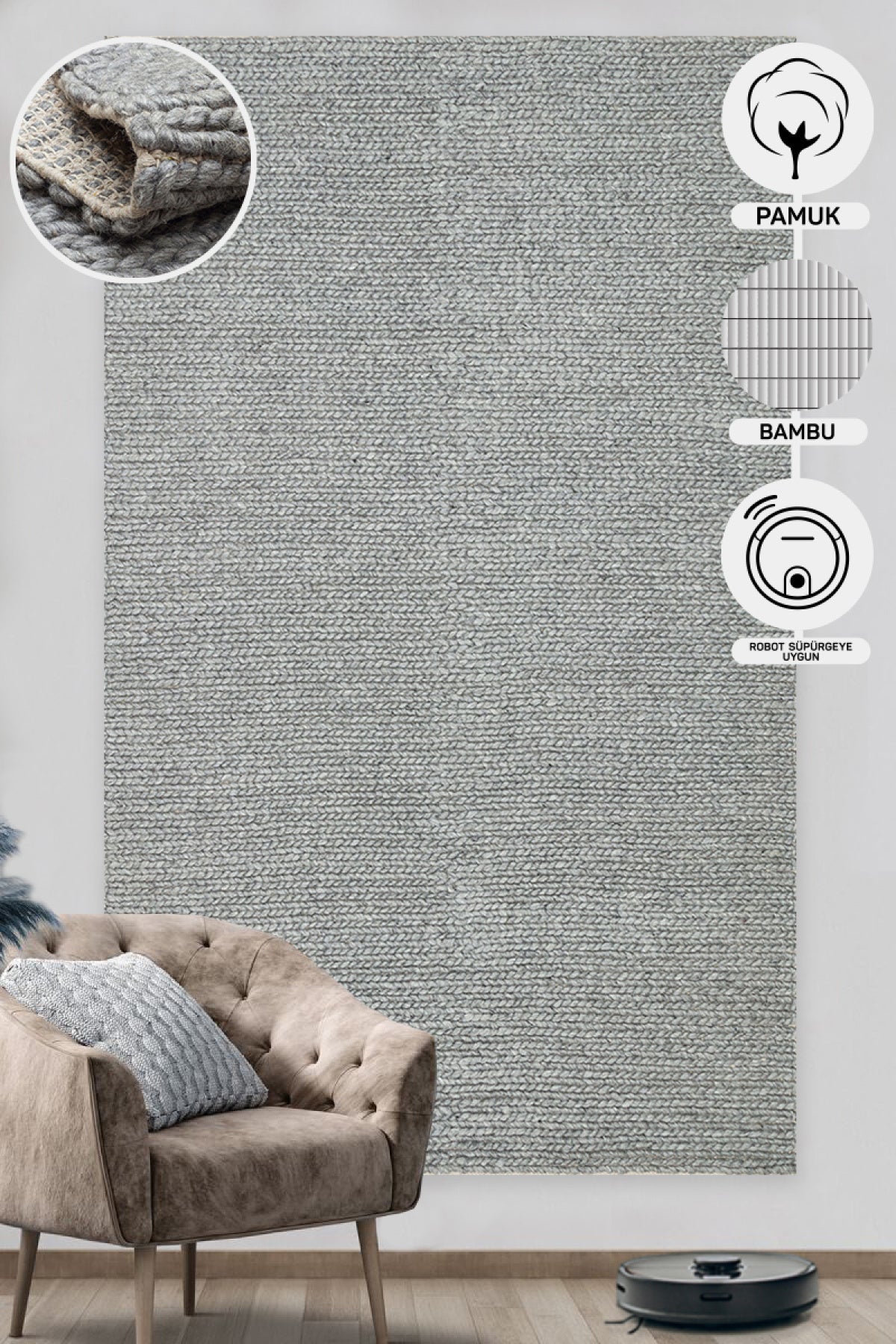 Natural Sweater Knit Patterned Hand-Woven Knitted Gray Carpet Living Room Kitchen Hallway Carpet