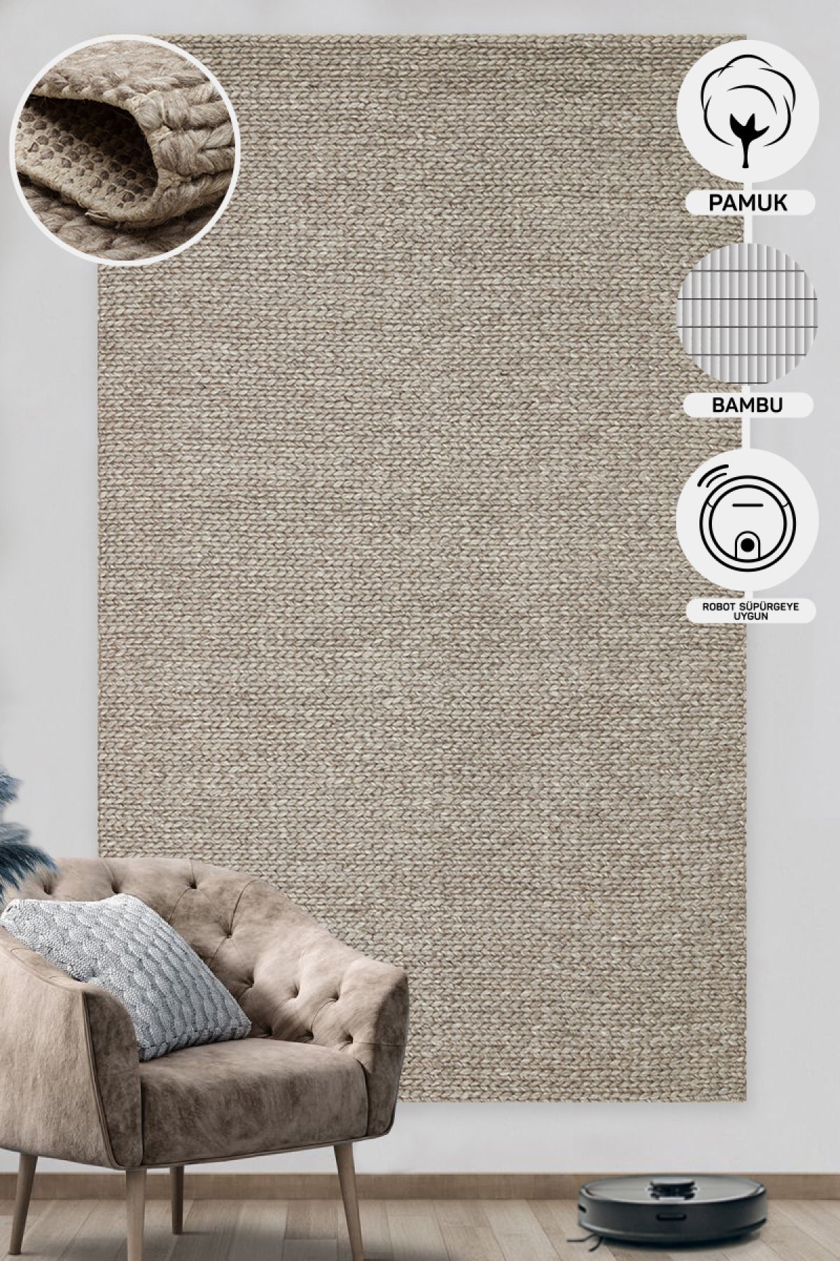 Natural Sweater Knit Patterned Hand-Woven Knitted Brown Carpet Living Room Kitchen Hallway Carpet