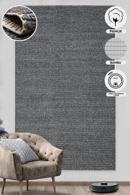 Natural Sweater Knit Patterned Hand-Woven Black Anthracite Knitted Carpet Living Room Kitchen Hallway Carpet