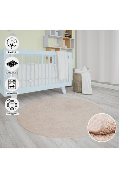 Natural Cotton Beige Round Baby Room Carpet Children's Room Carpet Washable with Non-Slip Base