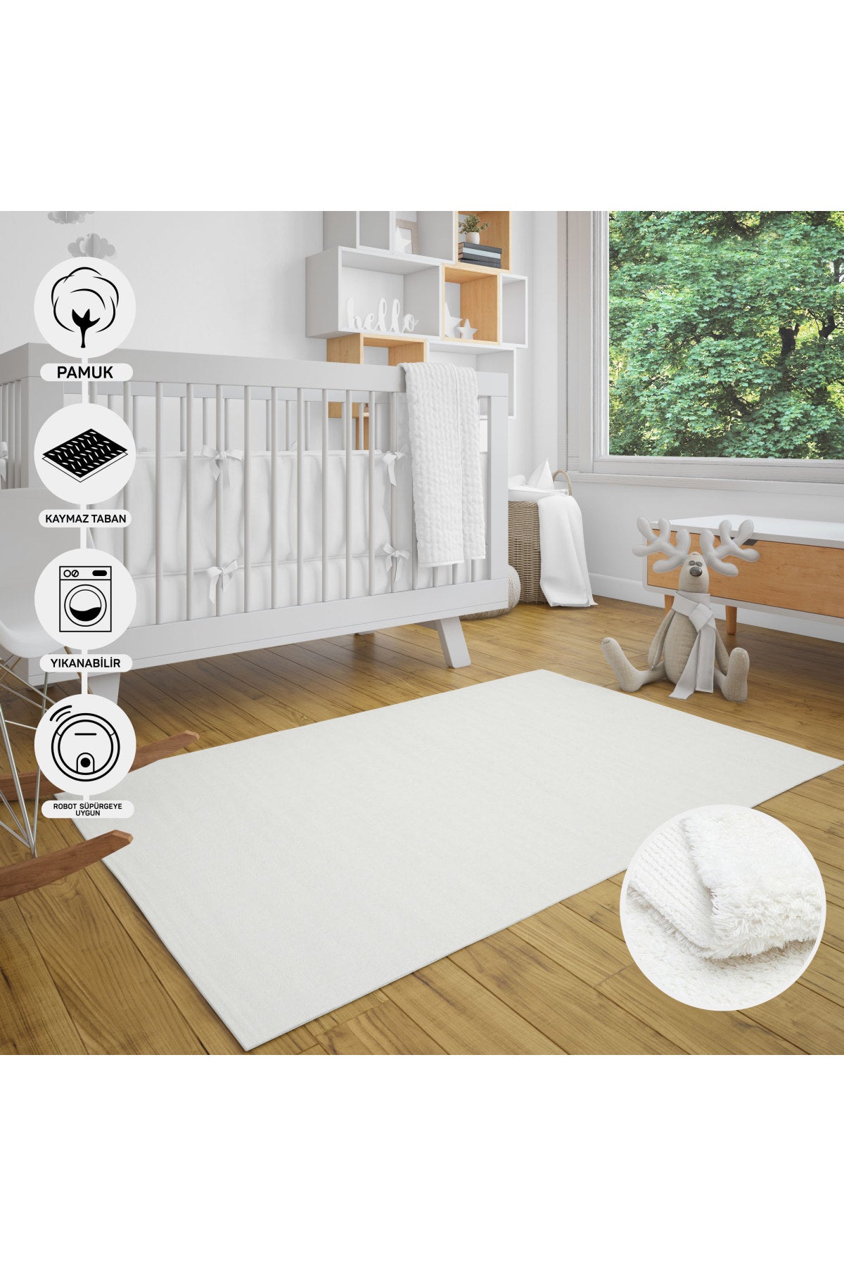 Natural Cotton White Baby Room Carpet Children's Room Carpet Easy to Wash with Anti-Slip Base